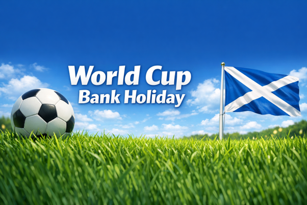 Blue Sky, green grass with a football and Saltire Scotland Flag